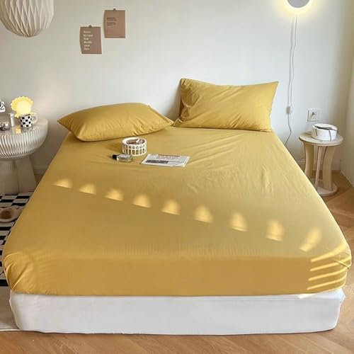 Ayoiow Spannbettlaken Und Kissenbezüge 200x180cm, Spannbettlaken Polyester Einfarbige Farbe Spannbettlaken Gelb