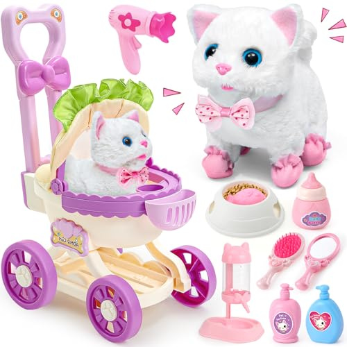 G.C Cat Toys for Kids Girls, Electronic Interactive Stuffed Cat Walk Meow and Wag Tail with Stroller Pet Care Accessories Toys Pretend Play Birthday Gifts for Toddlers Girls 3 4 5 6 7 8 Year Old