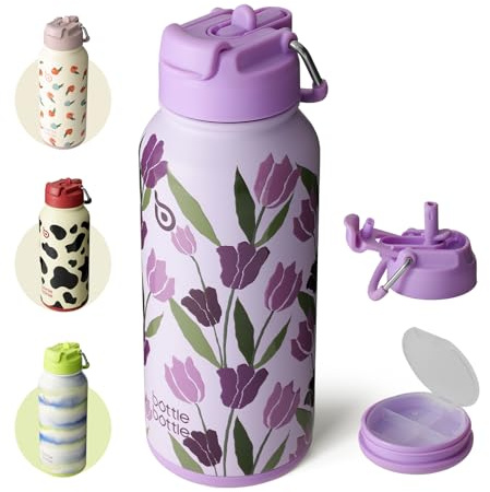 BOTTLE BOTTLE Insulated Water Bottle 950ml(32oz) Stainless Steel Sports Water Bottles with Straw Dual-use Lid Drink Flask Design for Gym with Pill Box (purple tulips)