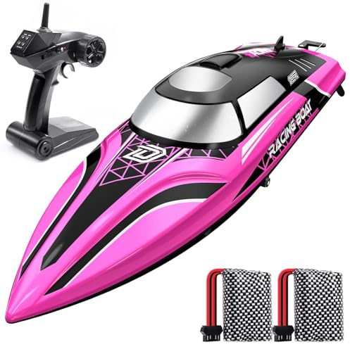 DEERC Bateau télécommandé Rapide avec éclairage LED, 30+ Mins, 20+ MPH, Bateau télécommandé à redressement Automatique piscines et Lacs, Bateaux de Course 2,4 GHz, Jouet Aquatique d'été pour Enfants