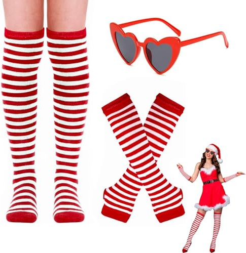 Party Fashion - Collants pour Enfants avec Accessoires Rouges et Blancs, 1 Paire de Collants rayés, 1 Paire de Gants, 1 Paire de Lunettes cœur - Taille Unique