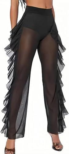 ROSVAJFY Pantalon de plage transparent pour femme avec volants en maille transparente Design droit avec taille haute Maillot de bain en filet pour femme pour les fêtes, tenue de festival, vêtements de