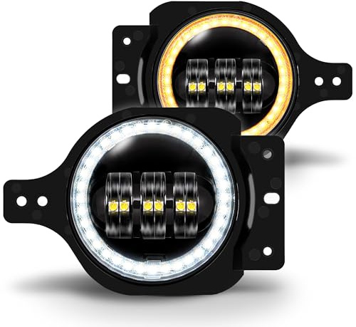 TRUE MODS 4 60W LED Fog Lights Replacement for 2018+ Jeep Wrangler JL JLU Gladiator JT Sport Front Plastic Bumper Off-Road Fog Lamp Round Driving Light Bulb Accessories [HALO DRL + Amber Turn Signal]
