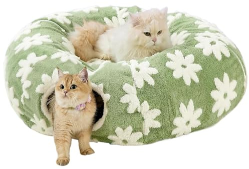 Katt Tunnel Säng Tvättbar Mjuk Plysch Grotta med Boll | Blommönster Design Interaktiv Katt Donut Tunnel För Krypning Klösning Tandning Kattunge Kanin Inomhus Utomhus