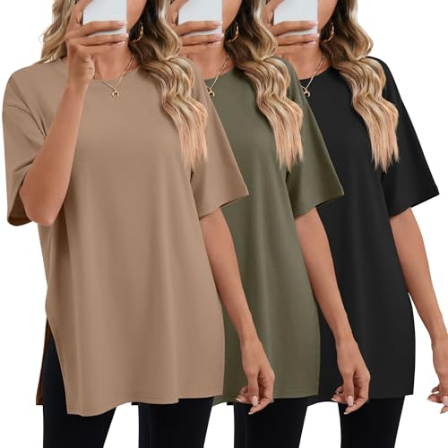Geyoga 3 Pack Women's Oversized T Shirts Workout Tops | Loose Fit Long Shirts, Summer Baggy Gym Tees, Short Sleeves Crew Neck Side Split, Casual Plus Size Fashion Clothes