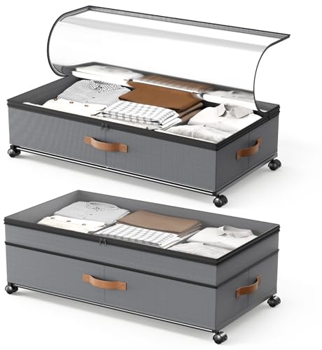 BugyKido 2 unidades de almacenamiento para debajo de la cama de 72 L, con ruedas de rotación de 360°, con tapa de PVC, marco de metal, para ropa, zapatos y mantas