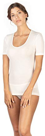 EGI Luxury Merino Silk T-shirt à manches courtes en laine mérinos pour femme (XS-XXL) Fabriqué en Italie. - Ecru - Taille L