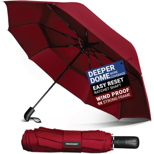 Prostorm Winddichter Reise-Regenschirm mit doppelter Belüftung, mit automatischem Öffnen und Schließen, kompakter Pro Storm - Rot - 117 cm