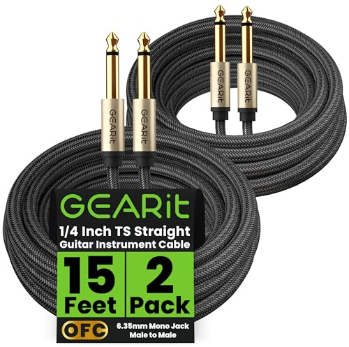 GEARit Guitar Instrument Cable (15ft 2-Pack) 1/4 Inch to 1/4 inch TS Straight Male to Male 6.35mm Mono Jack with Alloy Connector and Nylon Braid