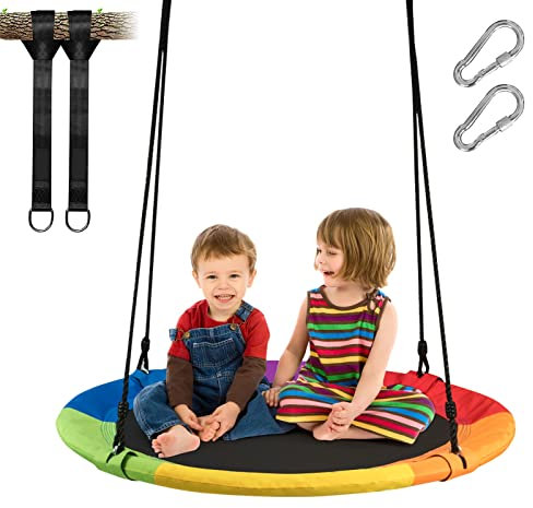 GYMAX Altalena Sospesa da Giardino, Sedia Dondolo con Portata Max.150 kg, Swing Bambini e Adulti, Telaio in Metallo, Regolabile tra 100-180 cm, Rontonda/Esagonale (100x100 cm, Colorato)