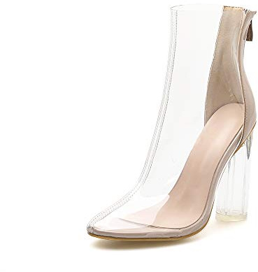 GooMaShoes Women's Clear Pvc Chunky Heel Open Toe Booties, Transparent High Heel Peep Toe Boots, Block Summer Ankle Boots Sandals (UK Size 7, Pink)