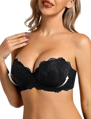 YANDW Soutien-gorge push-up en dentelle sans bretelles - Rembourré - Avec bretelles transparentes - Pour femme