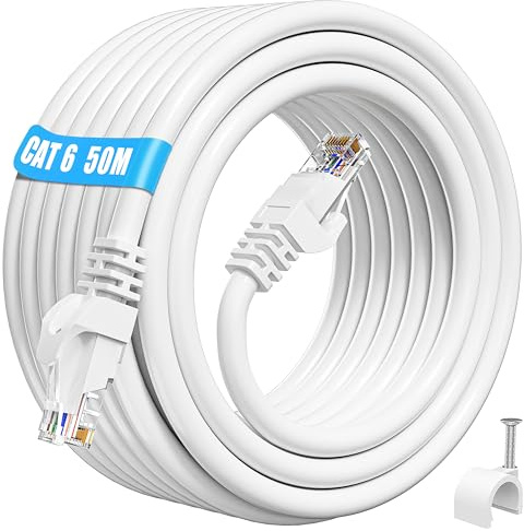 ikbc Lan Kabel 50 Meter, Cat 6 Outdoor Gigabit Ethernet Kabel RJ45, High Speed Internetkabel Weiß AWG23 für Router mit 50 Clips