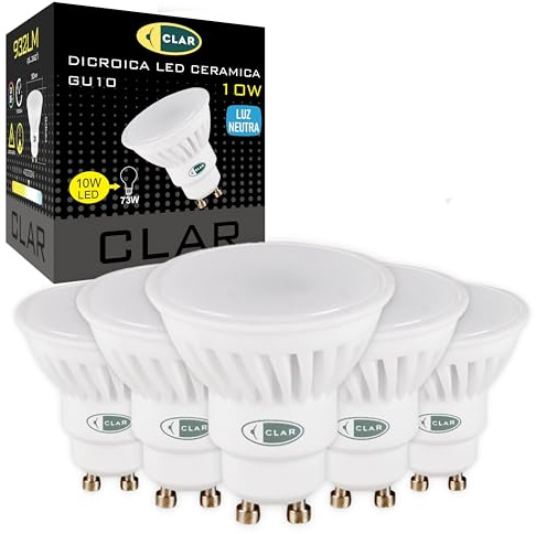 CLAR - Bombilla GU10 LED 4000K, 10W, Ojos de Buey, Halógena Equivalente (Pack de 5)