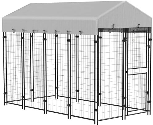 PawHut Outdoor-Hundezwinger, Hundezwinger mit wasserdichtem Anti-UV-Dach und 2-teiliger Tür, Metallkäfig für große Hunde, 239x121x183cm, Silber