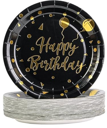 DHAIQC Lot de 50 Assiette Jetable Or Noir 17,8 cm, Kit Vaisselle Jetable Anniversaire Assiette Carton pour Barbecue Anniversaire ou Fête Baby Shower Mariages (Noir)