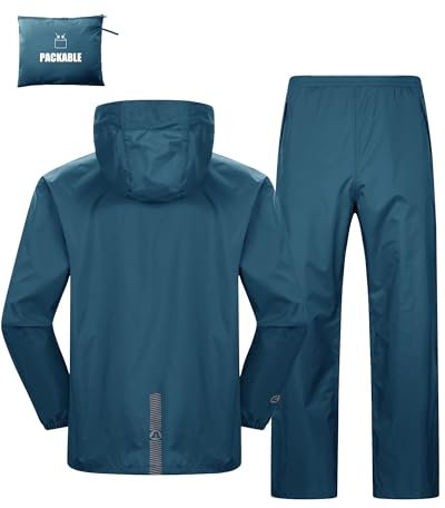 Herren & Damen Regenanzug Wasserdichte Packbare Regenjacke+Regenhose mit Reflektierender Outdoor Regenkleidung Winddichte Regenset Leichter Regenkombi für Radfahren Angeln Marokkoblau-ungefüttert L