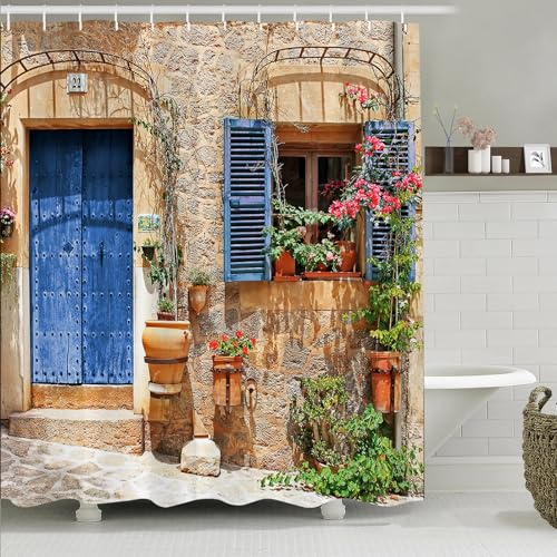Simpomsy 3D Garden Shower Curtain, Fresh Plant Countrylife Style Retro Old Stone Wall Floral Basket Door Scenery with Green Plants, Scenery Bathroom Decoration Curtains with Hook 200x180cm