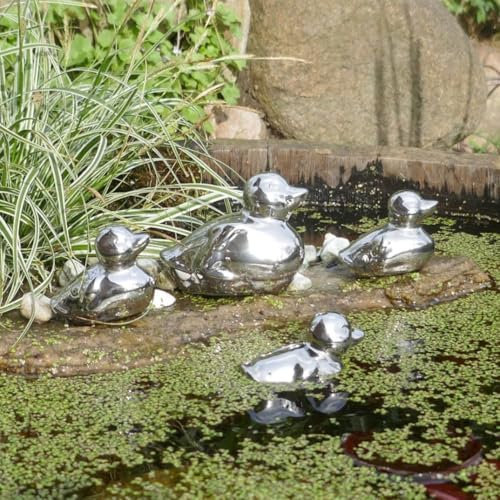 Teichdeko Entenfamilie 4er Set aus Keramik - Schwimmdeko Silber für Gartenteiche - Miniteich Deko für Innen und Außen - Tierfiguren