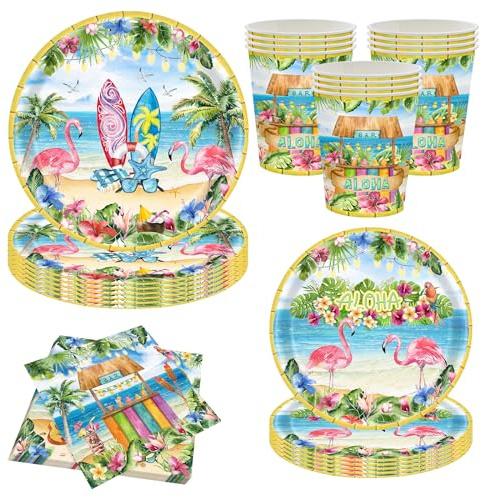 Hawaiian Tableware Set Flamingos for 20 Guests Tropical Paper Tableware Set Hawaiian Aloha Party Tableware Summer Beach Party Tableware Includes Cups, Paper Towels, Plates (20 Servings)