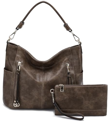 Chase Chic Bolsos de Mujer Hobo, Bolsos Bandolera Bolsos Tote Bolsos de hombro Grande PU Cuero Monedero Carteras 2pcs Set, Café