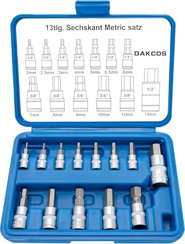 DAKCOS 13pcs Hex Bit Socket Set, Metric 2-14mm Allen Socket Kit, Hex Bit Socket Set 1/4, 3/8, 1/2 CR-V Sockets and S2 Bit