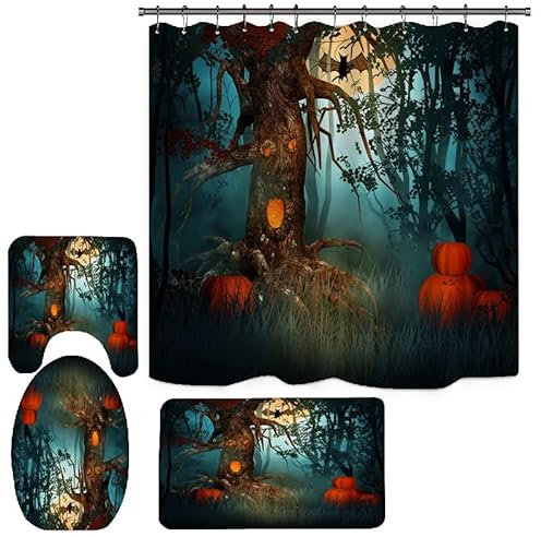 Duschvorhang Kürbisblaubaum Badezimmermatte Verdickung Bad Teppiche Set, Duschvorhang Stoff+Bath Mat rutschfeste(45x75cm)+U-Typ Fußmatte Wasseraufnahme+Toilette Badmatte