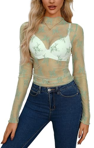 Blusa Transparente para Mujer, Sexy, Parte Superior de Malla, Manga Larga, Transparente, Camiseta básica para Festivales, Verde, L