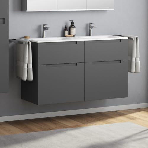 Zentrobad Premium Double Sink with Base Cabinet, Matt Varnish, 120 cm, Washbasin, Bathroom Furniture, Bathroom Cabinet, Bathroom Cabinet with 4 Drawers (Matt Anthracit