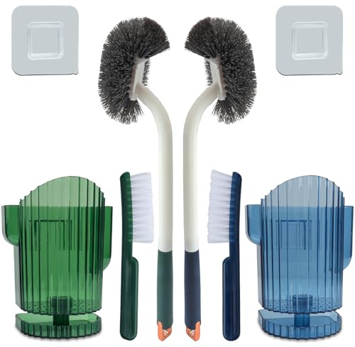 Roellgs Juego de 2 cepillos de inodoro mejorados, cepillo de inodoro de mango largo, juego de cepillos de inodoro de plástico con cerdas fuertes, cepillo de inodoro delgado y compacto - Cepillo de