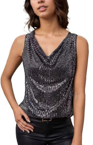EMOTTOS Mujeres Lentejuelas Swing Cuello Camiseta de Tirantes, sin Manga Purpurina Top V Cuello Camisola, Elegante Swing Brillo Chaleco Slim Fit Top Fiesta Club para Las Señoras, Negro, L