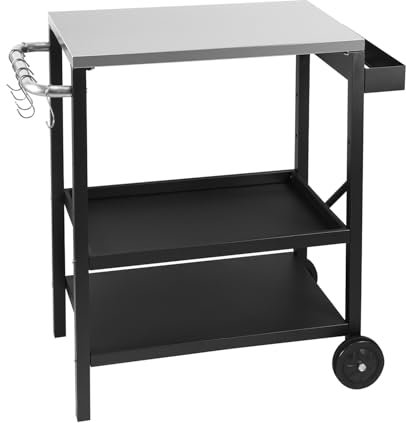 Eikuavons Table de barbecue, chariot de barbecue, table de barbecue d'extérieur, chariot de cuisine avec deux étagères réglables en hauteur avec étagère à épices et 6 crochets, chariot de barbecue sur