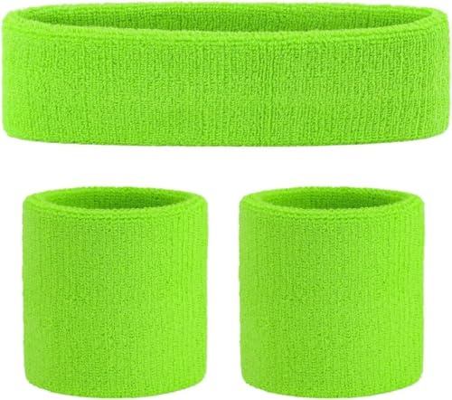 COSHAL® Ladies Headband & Wrist Bands Gym Exercise Sports Neon Sweat SET 80's Fancy Dress Accessories Neon 1 Headbands and 2 Wristbands, Sports Accessories