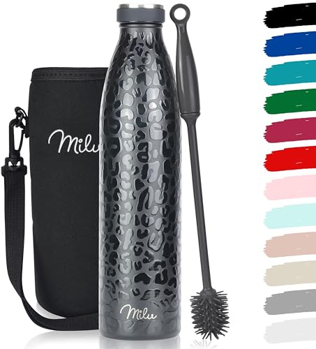 Milu Botella de acero inoxidable de 350ml 500ml 750 ml 1 L 1,5 L botella de agua aislada, termo a prueba de fugas, doble pared, apta para ácido carbónico + cepillo de limpieza (Black Leopard, 1L)
