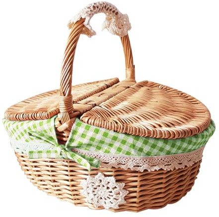 Cestino da picnic intrecciato in rattan naturale con coperchio ribaltabile, stile bucolico, delicato cestino per picnic facile da usare