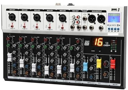 Mixerkonsol Ljudgränssnitt Bluetooth USB Inspelning PC 48V Fantommatning Delay Repeat Effekt 7 Kanaler DJ Ljudmixer Studioljudkort