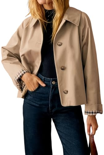 Generico Trench Corto da Donna Leggero Classico Collo con Revers Monopetto Giacca Foderata a Quadri Capispalla Autunnale con Tasche Soprabito Casual (Marrone,M)