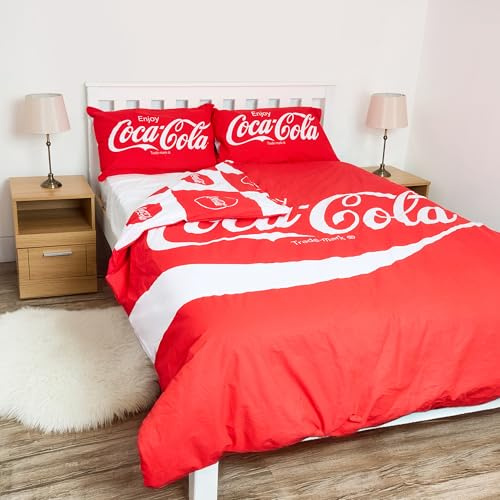 Set di biancheria da letto matrimoniale con licenza ufficiale Coca-Cola FC, reversibile, con federa inclusa, perfetto per i fan della Coca-Cola