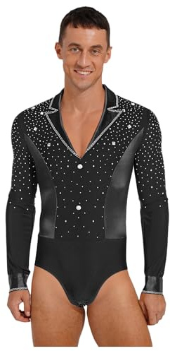 Fldy Herren Tanzbody Langarm V-Ausschnitt Glitzer Hemd Mit Revers Gymnastik Body Eislaufen Trikot Ballett Tanzkostüm Schwarz S
