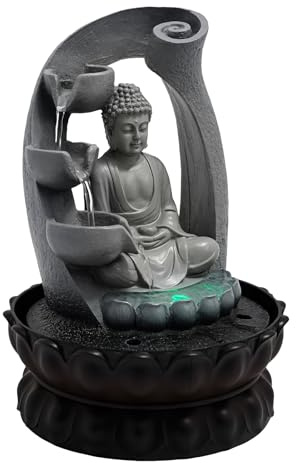 Fuente de mesa de Buda, sala de estar, relajación, meditación, iluminación LED, cascada, Feng Shui, fuente decorativa compacta para el hogar y la oficina, 30 x 22 x 22 cm, decoración zen