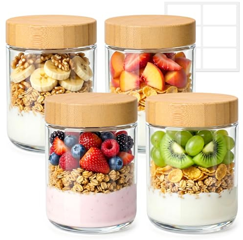 ComSaf Overnight Oats Jar 500ml, 4 Pack Glass Jars with Bamboo Lids, Leakproof Overnight Oats Container, Portable Yoghurt Pots for Make-Ahead Breakfast Yogurt Fruit Cereal Salad, Clear Storage Jars