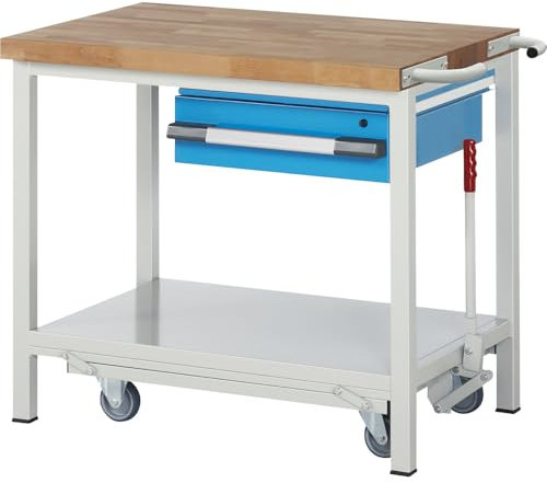 eurokraft | Fahr- und absenkbare Werkbank | Gestellbauweise Serie 8000 | 1 Hängeschublade | Ablageboden | BxT 1000 x 700 mm