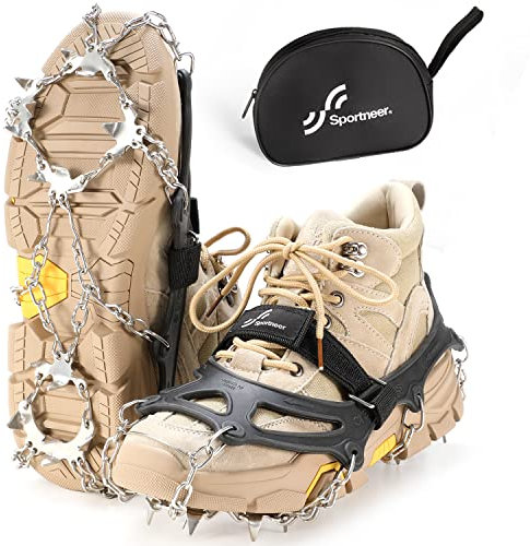Sportneer Steigeisen Eisstollen Traktion, 19 Spikes Edelstahl Anti-Rutsch EIS Schnee Grips für Schuhe Stiefel, Sicherer Schutz für Gehen, Joggen, Klettern, Angeln, Bergsteigen, Wandern, Schwarz, L