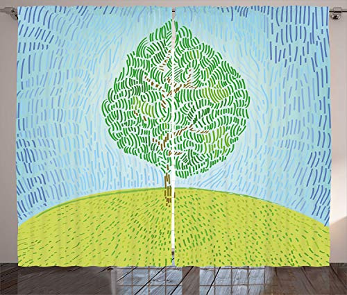 ABAKUHAUS Nature Curtains, Interpretation of a Tree on a Hill in Random Strokes, Living Room Bedroom Window Drapes 2 Panel Set, 89 L X 110 W, Sky Blue Apple Green