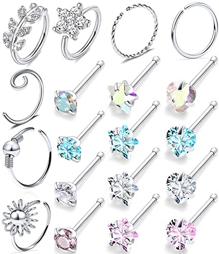 Ocptiy 18G Nose Ring hoop Stud Piercing Jewelry for Women 18Gauge Stainless Surgical Steel Hypoallergeni Silver Straight Cubic Zirconia Nose Nostril Ring Pin Bone Stud Piercing Hoop Jewelry Women Men