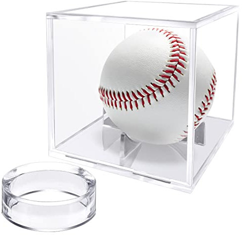 YWQQ Baseball-Display-Koffer, Baseball-Halter, Kleine Universal Acryl Vitrine 8x8x8cm Staubdichte Schaukasten Vitrine mit Zwei Transparenter Ringkugelständer für Tennisball, Baseball, Billard Kugel