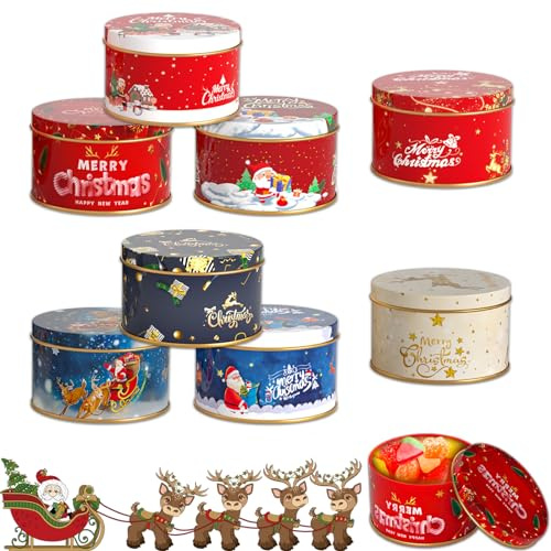 Yisscen 8 piezas Mini latas de galletas de Navidad, lata de Navidad con tapa, envoltorio de regalo de Navidad, lata mini de metal, set de regalo de Navidad, para fiesta de Navidad, DIY latas de dulces