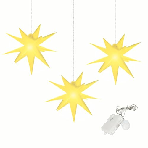 OVILUM Leuchtstern 3D mit LED Beleuchtung | 3er Set | gelb | Ø 27 cm| 3D Stern mit 15 Spitzen | wetterfest | Garten Deko, Wohnzimmer, Weihnachtsdeko | Weihnachtsstern | mit Timer | batteriebetrieben