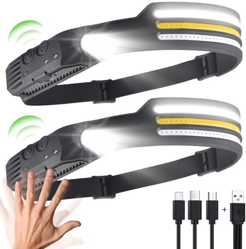 Headlamp Torcia Lampada Frontale Led Ricaricabile 2Pcs da Testa Frontalino Luce Potente Professionale Lavoro Ultimate Pila Running Lampade Potentissima usb Impermeabile con Sensore di Movimento