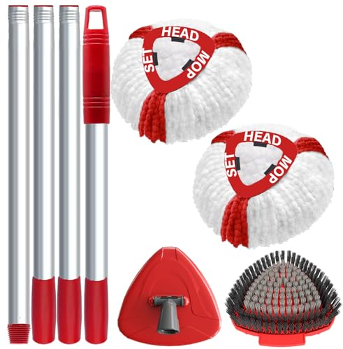 OKcedier Ricambio per Turbo 2 in 1, Ricambi per Mop e Scopa a Frange con 2 Testine in Microfibra, 1 Manico, 1 Base per Mop e 1 Spazzola, Adatto a Tutti i Tipi di Pavimento